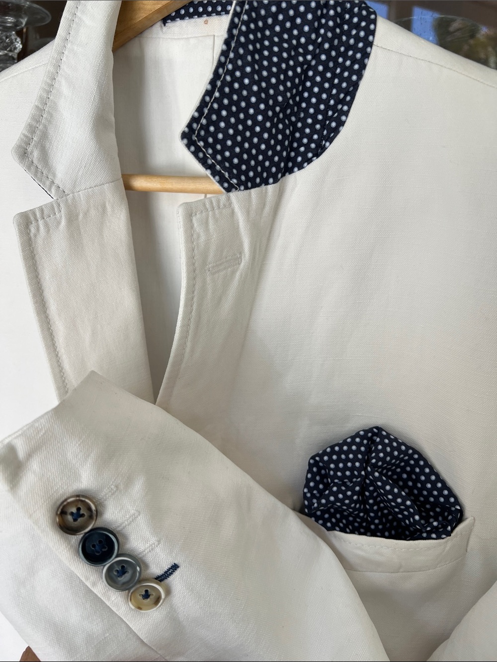 White Cotton & Linen Blazer with Navy Polka Dot Trim